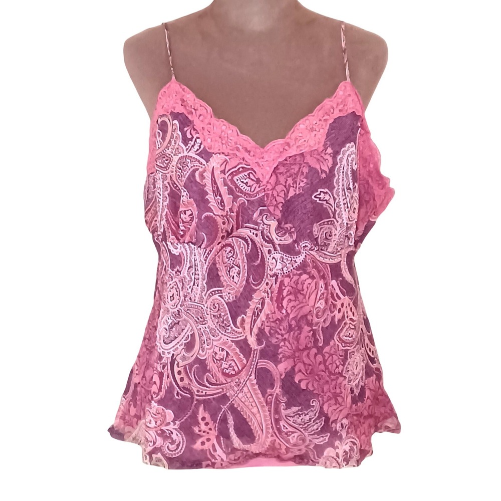 Women M Pink Purple Paisley Lace Trim Camisole Cami Boho Chiffon Tank Top‎ Lined